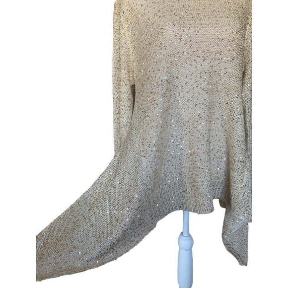 John Fashion Sweater Top Gold Sequin Long Sleeve Open Knit Sharkbite Sz L NEW - Picture 9 of 11